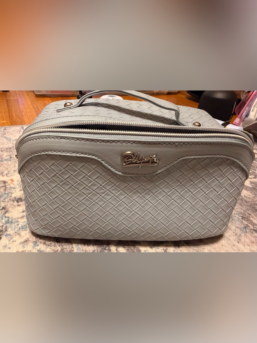 Light Gray Woven Cosmetic Case with Top Handle